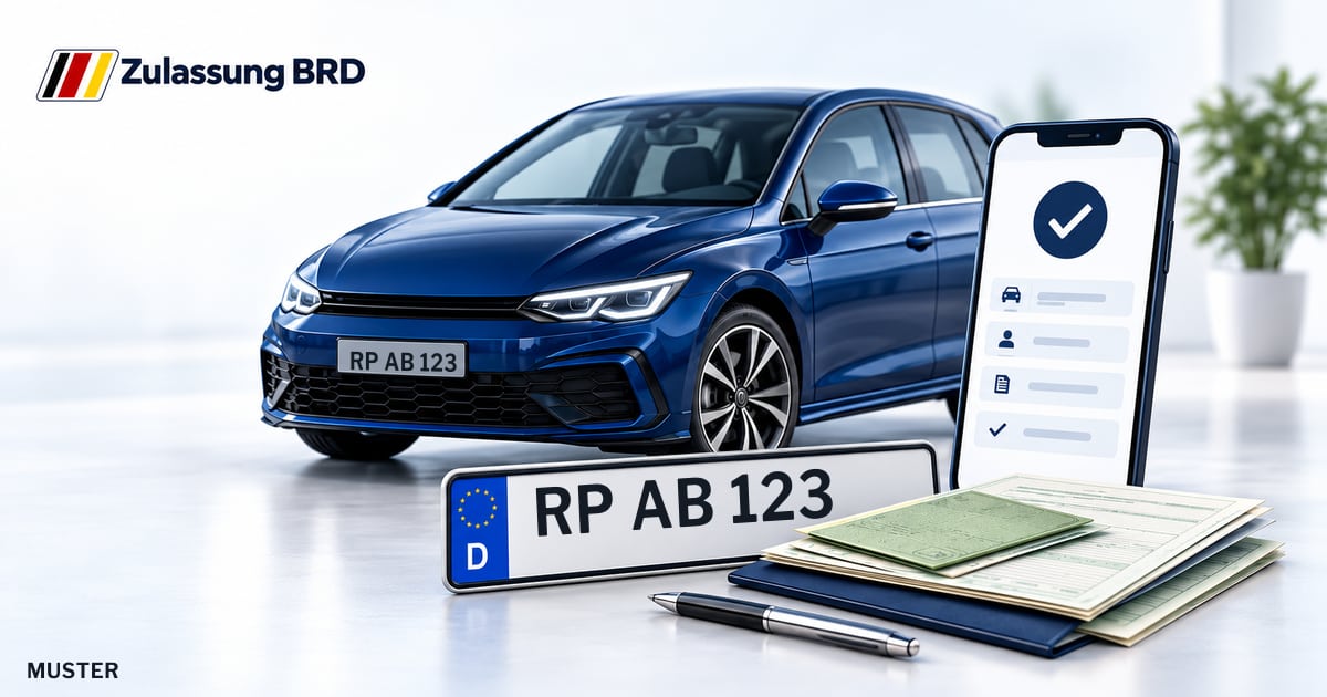 Online Fahrzeugzulassung in Heßheim: Musterkennzeichen RP AB 123, Auto und Fahrzeugpapiere und Smartphone. Illustration mit Logo von Zulassung BRD.
